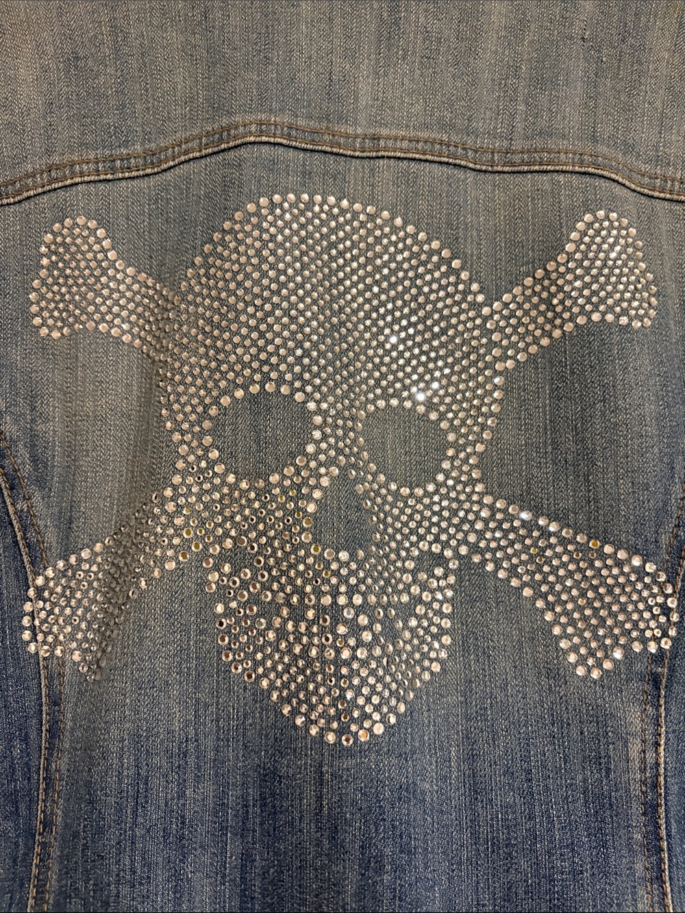 INC International Concepts Blue Denim Jacket with Silver Crystal Skull